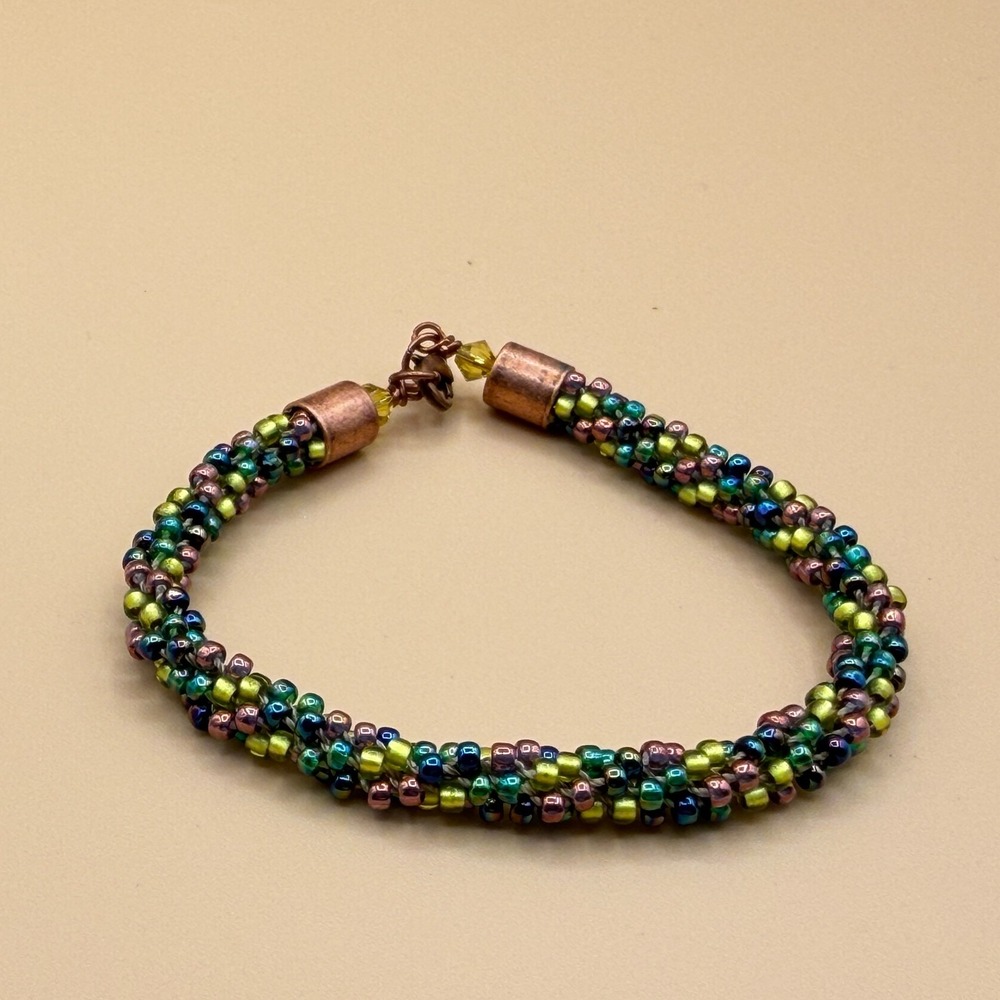 Iridescent Seed Bead Bracelet Copper Tone Boho Artisan Statement Jewelry Gift - Picture 8 of 14